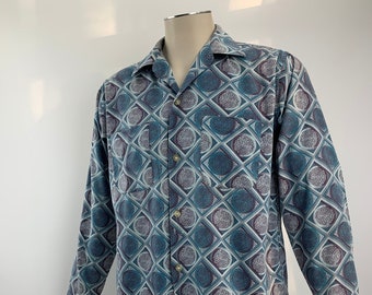 1960's Printed Shirt - All Cotton - SAN DIEGO Men's Apparel - Interesting Blue Tonal Pattern - Patch Pockets - Men's Size Medium