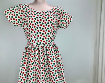 1950's Polka Dot Dress - Cotton Seersucker Fabric - Green & Red Button Dots - Gathered Skirt  - Women's Medium - 28 inch Waist