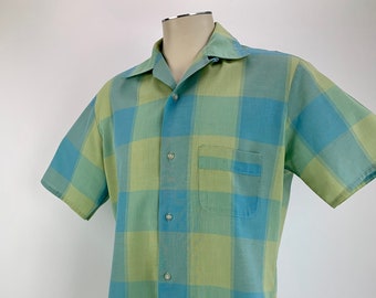 1950's - Early 60's Plaid Shirt - Loop Collar - TOWNCRAFT Label - Poly Blend - Large Block Plaid - Men's Size Medium