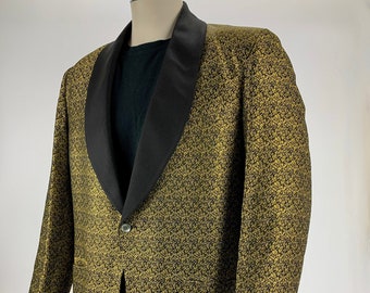 1940'S-50's TUXEDO JACKET - Shawl Collar - TOWNCRAFT Clothes - Iridescent Gold Brocade Deco Print - Cool Lining - Men's Size 40-42 Regular