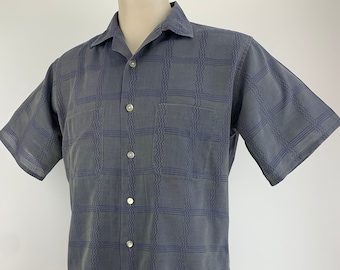 1950's Short Sleeve Shirt - LANIER by OXFORD - Iridescent Plaid Fabric From Blues to Green - Loop Collar - Men's Size Medium