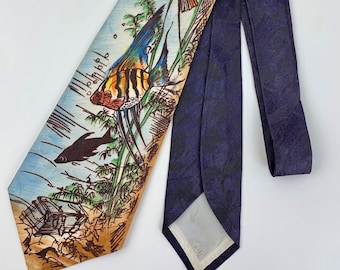 1940's FISH TIE - Underwater Fish Life with a Treasure Chest - Quality Jacquard Printed Silk - as is