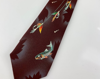 1950'S-60'S Hand painted Tie - All Silk - FISH with FISHING LURES - Roth's Label - Never Worn - DeadStock