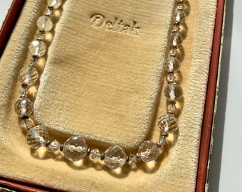 1930's-40's Crystal Necklace - Graduated Clear Crystals Strung with Brass Seed Beads - Original Box - 18 inch