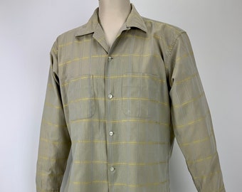1950's - Plaid Shirt - All Cotton - ARROW Label - Putty, Yellow & Gray Plaid - Loop Collar - Patch Pockets - Men's Size Large