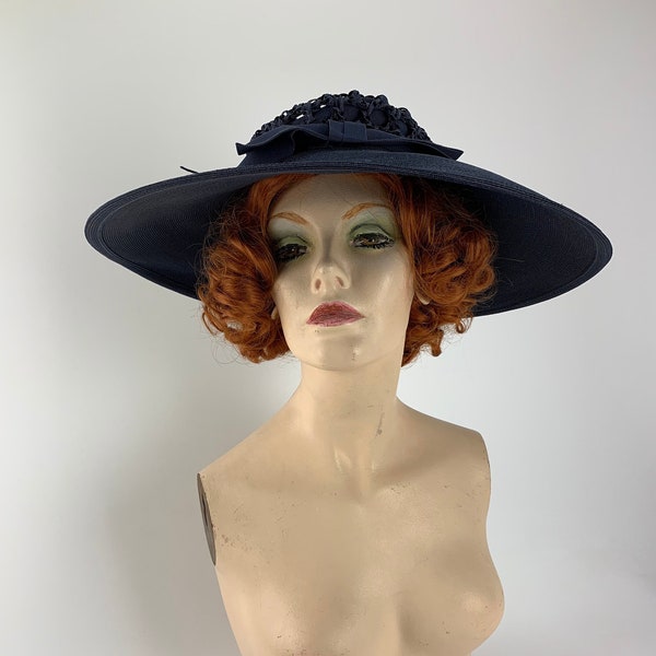 Vintage 1940's-50's Super Wide Brimmed Hat - MR. LEON New York - Quality Navy Straw - Woven Ribbon Crown - Women's Size Medium