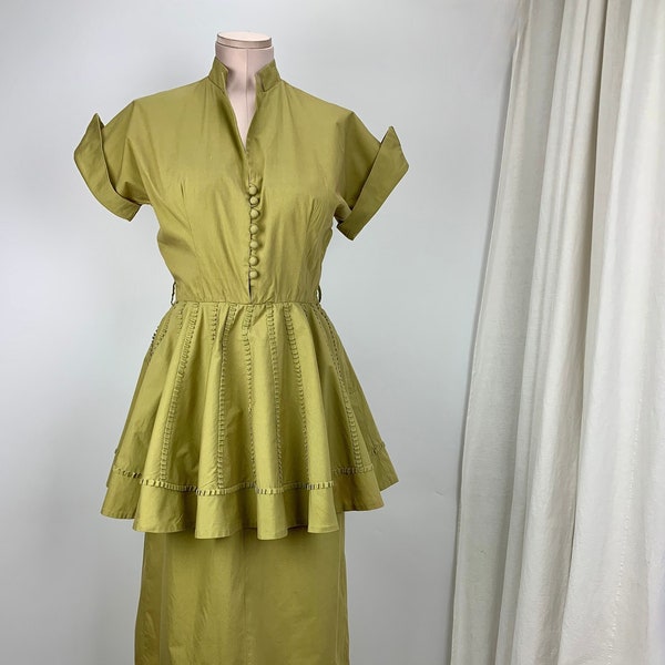 1950's Peplum Dress with Pencil Skirt - Nipped Waist - Fancy Gathered Trim Details  - Women's Size Small - 26 Inch Waist