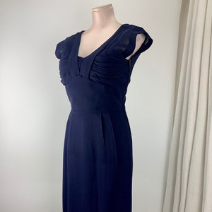 1950's Wiggle Dress Empire Waist Navy Rayon Fabric Interesting Deep V Neckline Size Medium image 1