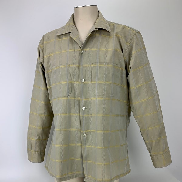 1950's - Plaid Shirt - All Cotton - ARROW Label - Putty, Yellow & Gray Plaid - Loop Collar - Patch Pockets - Men's Size Large