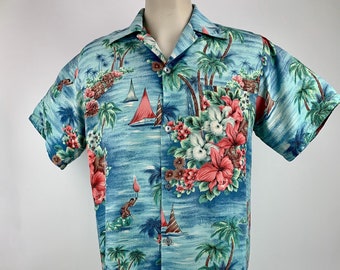 1950s Hawaiian Rayon Shirt: Vintage Palm Tree Print, Men's Small/Medium