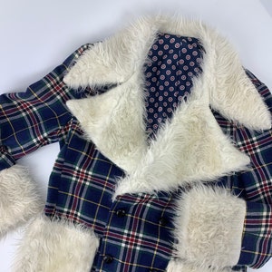 1970'S Pimp Jacket Faux Fur & Wool Plaid Austin Powers Style Fully Lined NOS Dead-Stock /Men's Size Large image 1