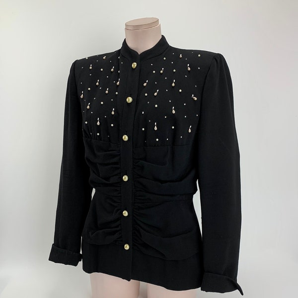 1940'S-50's LILLI ANN Jacket - Rhinestone & Pearls Encrusted - Imported French Wool - Satin Lined - Gathered Bodice Fabric - Womens Medium