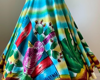 1950's Mexican Full Circle Skirt - Hand Painted Details - Souvenir Skirt - Border Print - 27 Inch Waist - 232 Inch Sweep