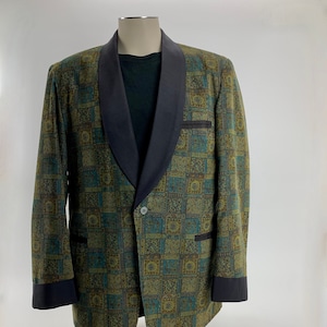 1960'S TUXEDO JACKET Printed Cotton Corduroy Black Shawl Collar Satin Lined Tailored by Rabhor Men's Size Large image 1