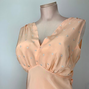 1940's Bias-Cut Negligee in Peach Small Embroidered Blue Star Details RAYON Fabric Size MEDIUM 30 Inch Waist image 2