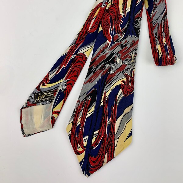 1940's-50's Vintage Tie - Cool Squirrel Print - All Silk  - SIM'S MINNEAPOLIS - Navy, Red, Yellow & Gray