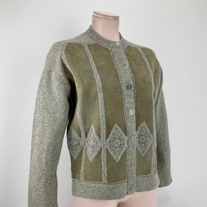 1960's Cardigan Sweater Natural Suede & Wool Crochet Details Snowflake Metal Buttons Women's Size 40 Medium image 1