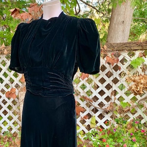 1930'S Black Silk Velvet - Wrap Around Gathered Sash with Stacked Bow - Puffy Sleeves - Flaring Tulip Skirt - Small - 27 Inch Waist