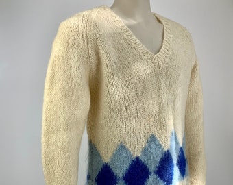 1950's-60's MOHAIR V Neck Sweater - BRENT Label - Two Tone Blue Argyle Diamonds - Made in ITALY - Men's Size Large