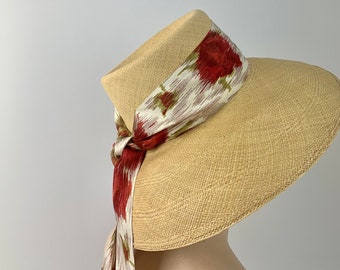 1960'S Brimmed Bucket Hat - HAPPY CAPPER Hat Company - Fine Quality Straw - Wide Floral Fabric with Long Tail  - Women's Size Medium