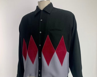 1950's Harlequin Shirt - Black Rayon with Large Argyle Diamonds - Light Weight Fabric - Red Velveteen Diamonds - Men's LARGE to XL