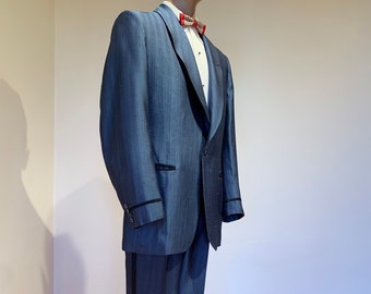 Vintage 2 Piece Shawl Collar Tuxedo - HICKEY FREEMAN - Iridescent Blue - Black Satin Details - Flat Front Pant - Size 42 Reg  33 Inch Pant