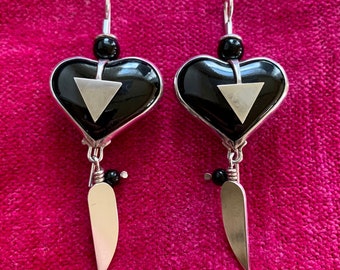 1990's Artisan-Made Earrings - Modernist Jeweler Heinz Brummel - Bauhaus Inspired - Sterling Silver with 3-Dimensional Onyx Hearts