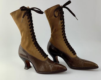 Authentic 1890's -1900 Victorian High Top Boots - Canvas & Fine Leather -Lace Ups - Lightly Worn - Women's 5 to 6 Narrow