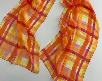 Vintage 80's Sheer Plaid Scarf - Silk Chiffon - Watercolor Plaid with Soft Tones of Orange, Yellow & Pink - X-Long - 15 x 60 inches