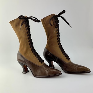 Authentic 1890's -1900 Victorian High Top Boots - Canvas & Fine Leather -Lace Ups - Lightly Worn - Women's 5 to 6 Narrow