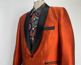 1950's Iridescent Tuxedo Jacket - Shawl Collar - Vivid Rusty Orange SILK - Silk Satin Lining - Men's Size Large to XL