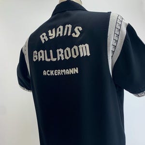 1950'S Bowling Shirt - Black Rayon Gabardine - Bowling Pin Buttons - Knit Strike Details - Applique's with Glitter - Loop Collar - Large