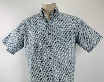 1960's Shirt - All Cotton - FINK Label - Tiny Blue & White Geometics with Little Hibiscus Flowers - Patch Pocket - Men's Medium to Large