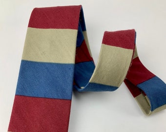 1960'S Horizontal Striped Tie - 100% Cotton - Made in Italy - Narrow Mod Square End Tie - Blue, Beige & Red  Stripes