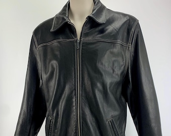 1990'S Leather Jacket with Contrasting Topstitching - HEAVY DUTY Label -  Deep Brown High Quality Leather  - Size Medium to Large