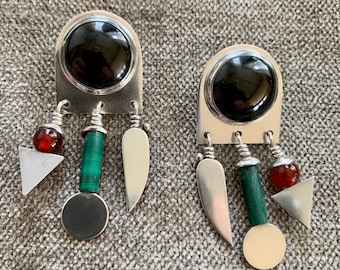 1990's Artisan-Made Earrings - Modernist Jeweler Heinz Brummel - Bauhaus Inspired - Sterling Silver, Onyx, Malachite & Carnelian