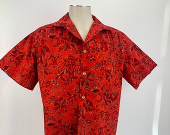 1960'S Hawaiian Shirt - Paradise Products Label - All Cotton - Vivid Tomato Red - Metal Buttons - Men's Size Medium