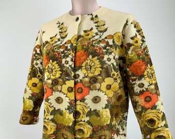 1960'S Cardigan Sweater - Screen Printed Floral Knit - W. GERMANY - 100% Virgin Wool - 3/4 Sleeves - Size Medium to Large