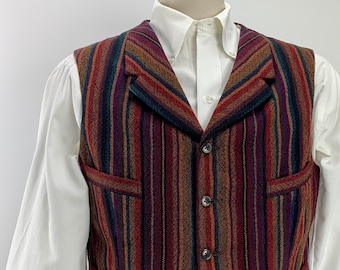 gilet rayé en laine vintage - belles couleurs - col cranté inhabituel - 4 poches coupées - dos en satin avec ceinture - taille homme MOYENNE