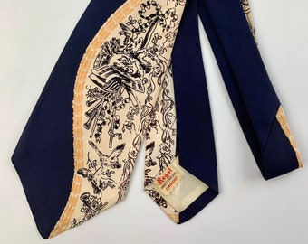 1940er Vintage Krawatte - Alle Seide - Wappen mit Tauben - REGAL CRAVAT - Black Swirl mit Creme & Orange