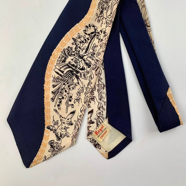 1940's Vintage Tie - All Silk - Coat of Arms with Doves - REGAL CRAVAT - Black Swirl with Cream & Orange