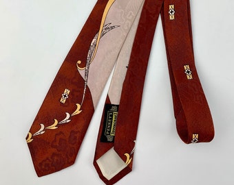 1950's Art Deco Style Tie - Beige, Yellow & White on Rust - PENNEY'S TOWNCRAFT - Jacquard Fabric