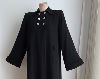 1940'S Long Swing Coat - Jet Black Gabardine - ORECK'S Label - Shell Buttons - Shoulder Pads - Satin Lined - Women's Size Medium