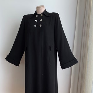 1940&#39;S Long Swing Coat - Jet Black Gabardine - ORECK&#39;S Label - Shell Buttons - Shoulder Pads - Satin Lined - Women&#39;s Size Medium