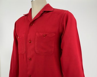 1950's Rayon Shirt- PENNLEIGH LABEL - Deep Red Rayon - Cool Buttons - Patch Pockets - Loop Collar - Men's Size Small