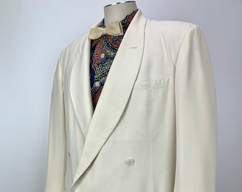 1940s Dble Breasted Tuxedo Jacket - Shawl Collar - AFTER SIX - Cream Colored Cotton or Linen - Shoulder Pads - Lined - Size LARGE 44-46