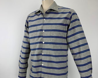 1950's Striped Shirt - All Cotton - Gray with Blue Horizontal Stripes - Italian Rolled Collar - Men's Size Medium
