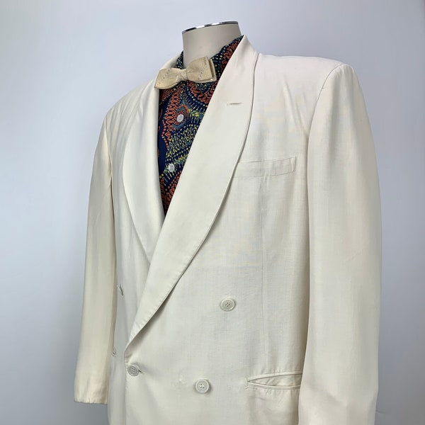 1940s Dble Breasted Tuxedo Jacket - Shawl Collar - AFTER SIX - Cream Colored Cotton or Linen - Shoulder Pads - Lined - Size LARGE 44-46