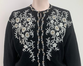 1950's Hand-Beaded Cardigan Sweater - Angora blend - Satin Lining - Awesome Glass Beadwork - Size 42 - Medium to Large