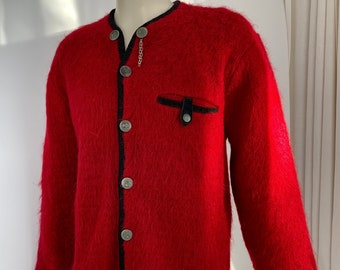 1950's Super Furry Mohair Cardigan - ALPS Sportswear - SHAG A MO - Vivid Red Mohair with Black Trim - Men's Size Large